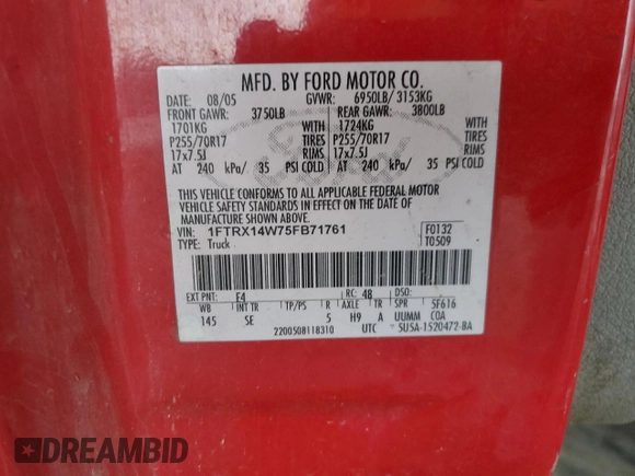 2005 Ford F-150 STX with VIN 1FTRX14W75FB71761, listed as a Copart auction lot 89287275 with 316,958 mi miles and Salvage Title. Bid and sale history available at carsss.com. Image 12.