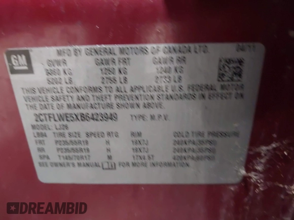 2011 GMC Terrain SLT-2 with VIN 2CTFLWE5XB6423949, listed as a IAAI auction lot 41488939 with 201,726 mi miles and . Bid and sale history available at carsss.com. Image 9.