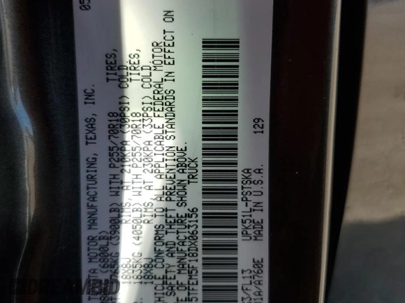 2013 Toyota Tundra z VIN 5TFEM5F18DX063156, wystawiony jako Copart lot #46681385 z przebiegiem 125 682 mil mil oraz Szkoda całkowita • Salvage title. Historia ofert i sprzedaży dostępna na DreamBid. Obrazek 14.