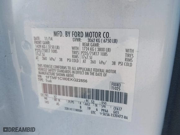 2014 Ford F-150 XL with VIN 1FTMF1CM0EKG22856, listed as a IAAI auction lot 41677979 with 158,580 mi miles. Bid and sale history available at carsss.com. Image 8.