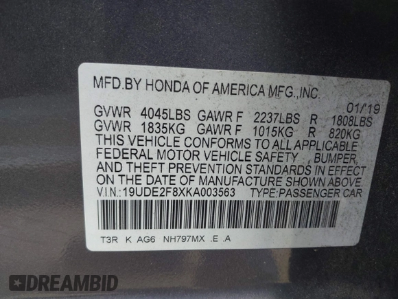 2019 Acura ILX w/Premium/A-Spec Pkg with VIN 19UDE2F8XKA003563, listed as a IAAI auction lot 41565914 with 49,960 mi miles. Bid and sale history available at carsss.com. Image 9.