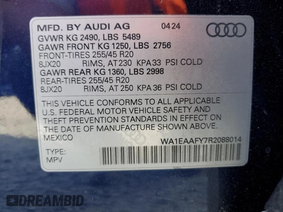2024 Audi Q5 S line Premium Plus with VIN WA1EAAFY7R2088014, listed as a Copart auction lot 57325045 with 5,231 mi miles and Salvage title. Bid and sale history available at DreamBid. Image 14.