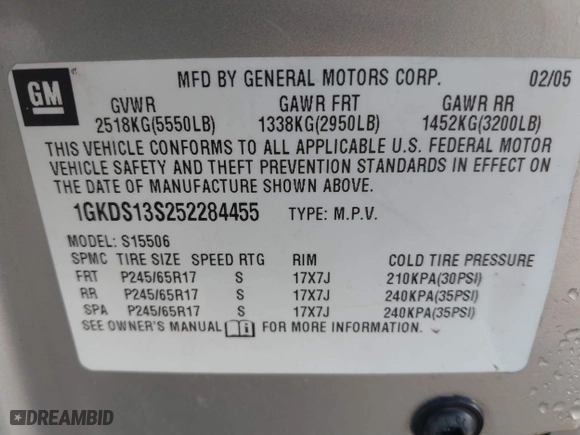 2005 GMC Envoy SLE with VIN 1GKDS13S252284455, listed as a IAAI auction lot 41455172 with 171,559 mi miles. Bid and sale history available at carsss.com. Image 9.