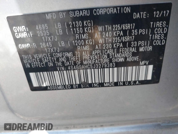 2018 Subaru Outback Premium z VIN 4S4BSAHC5J3279383, wystawiony jako IAAI lot #39827535 z przebiegiem 82 591 mil mil oraz . Historia ofert i sprzedaży dostępna na DreamBid. Obrazek 9.