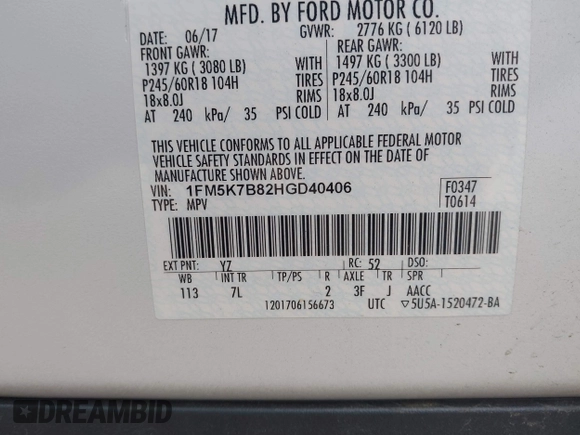 2017 Ford Explorer с VIN 1FM5K7B82HGD40406, выставлен на аукционе IAAI как лот 41919978 с пробегом 149 302 миль миль и . История ставок и продаж доступна на DreamBid. Изображение 9.