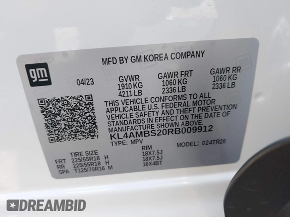 2024 Buick Encore GX Preferred with VIN KL4AMBS20RB009912, listed as a IAAI auction lot 41936470 with 4,105 mi miles and . Bid and sale history available at DreamBid. Image 9.