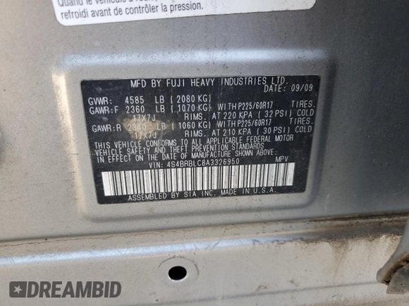 2010 Subaru Outback Limited Power Moon с VIN 4S4BRBLC8A3326950, выставлен на аукционе Copart как лот 48716515 с пробегом 176 793 миль миль и Списание • Salvage title. История ставок и продаж доступна на DreamBid. Изображение 13.