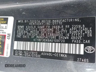 2010 Toyota Camry with VIN 4T1BF3EK6AU109720, listed as a IAAI auction lot 41938019 with 187,858 mi miles and . Bid and sale history available at DreamBid. Image 9.