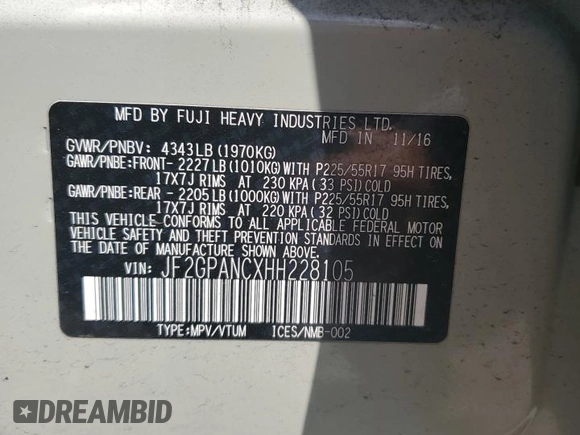 2017 Subaru Crosstrek Limited z VIN JF2GPANCXHH228105, wystawiony jako Copart lot #52255415 z przebiegiem 96 419 mil mil oraz Szkoda całkowita • Salvage title. Historia ofert i sprzedaży dostępna na DreamBid. Obrazek 15.