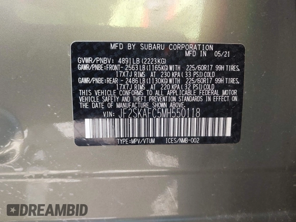 2021 Subaru Forester Premium with VIN JF2SKAFC5MH550118, listed as a IAAI auction lot 42427536 with 31,469 mi miles and . Bid and sale history available at DreamBid. Image 9.