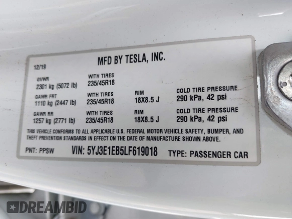 2020 Tesla Model 3 Long Range z VIN 5YJ3E1EB5LF619018, wystawiony jako IAAI lot #42131960 z przebiegiem 29 774 mil mil oraz . Historia ofert i sprzedaży dostępna na DreamBid. Obrazek 9.