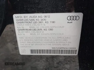 2012 Audi Q5 Premium Plus with VIN WA1LFAFP5CA139989, listed as a IAAI auction lot 42661269 with 187,038 mi miles and . Bid and sale history available at DreamBid. Image 9.