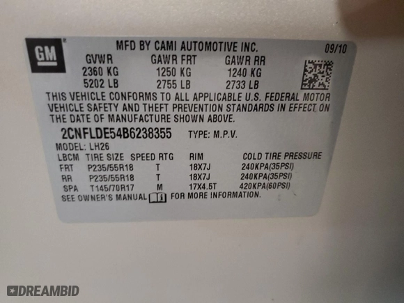2011 Chevrolet Equinox LT w/1LT with VIN 2CNFLDE54B6238355, listed as a Copart auction lot 45025365 with 115,825 mi miles and Salvage Title. Bid and sale history available at carsss.com. Image 13.