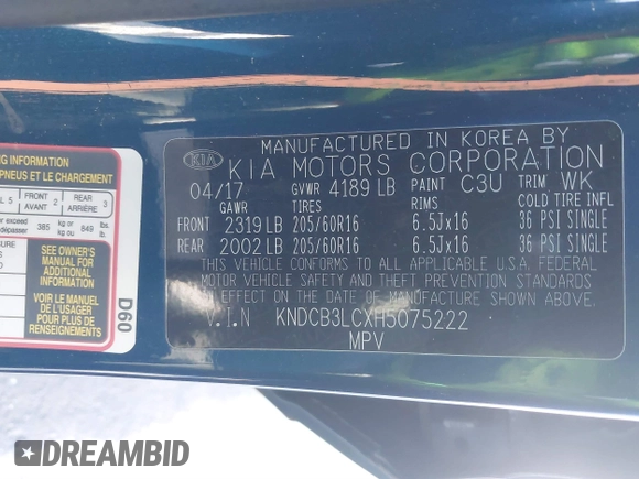 2017 Kia Niro LX with VIN KNDCB3LCXH5075222, listed as a IAAI auction lot 41526017 with 114,309 mi miles. Bid and sale history available at carsss.com. Image 9.