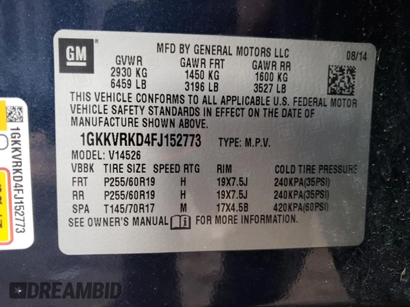 2015 GMC Acadia SLT with VIN 1GKKVRKD4FJ152773, listed as a Copart auction lot 48147595 with 159,160 mi miles and Salvage Title. Bid and sale history available at carsss.com. Image 13.
