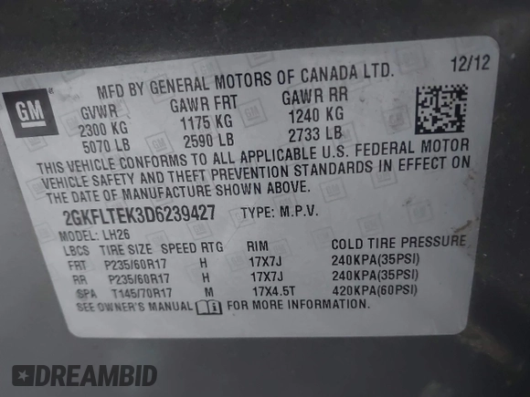 2013 GMC Terrain SLE with VIN 2GKFLTEK3D6239427, listed as a IAAI auction lot 41801081 with 114,589 mi miles. Bid and sale history available at carsss.com. Image 9.