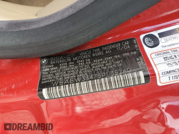 2005 BMW 3 Series 325Ci with VIN WBABW33475PL35260, listed as a Copart auction lot 74305534 with Not provided miles and Salvage title. Bid and sale history available at DreamBid. Image 12.