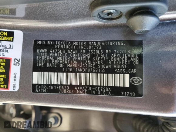 2023 Toyota Camry SE with VIN 4T1G11AK3PU769155, listed as a Copart auction lot 49654825 with 18,505 mi miles and Salvage Title. Bid and sale history available at DreamBid. Image 12.