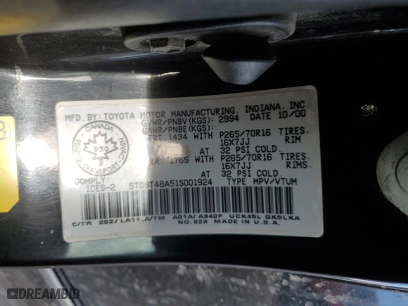 2001 Toyota Sequoia Limited with VIN 5TDBT48A51S001924, listed as a Copart auction lot 46791135 with 249,357 mi miles and Salvage Title. Bid and sale history available at carsss.com. Image 13.