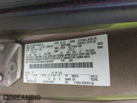 2013 Ford Escape SE with VIN 1FMCU9GX2DUC43098, listed as a IAAI auction lot 42687520 with 104,084 mi miles and . Bid and sale history available at DreamBid. Image 9.