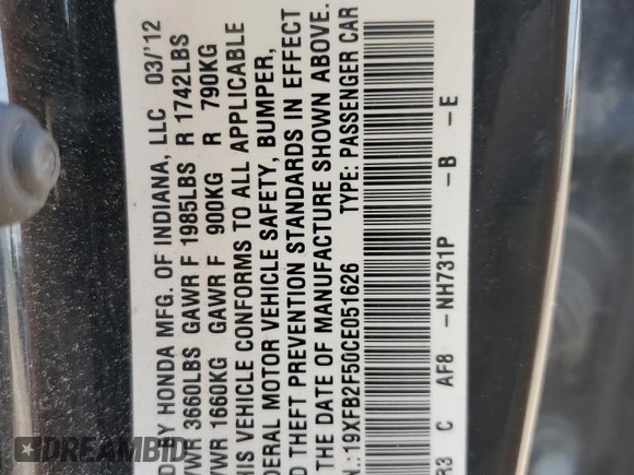 2012 Honda Civic LX z VIN 19XFB2F50CE051626, wystawiony jako Copart lot #59477235 z przebiegiem 126 225 mil mil oraz Szkoda całkowita • Salvage title. Historia ofert i sprzedaży dostępna na DreamBid. Obrazek 12.