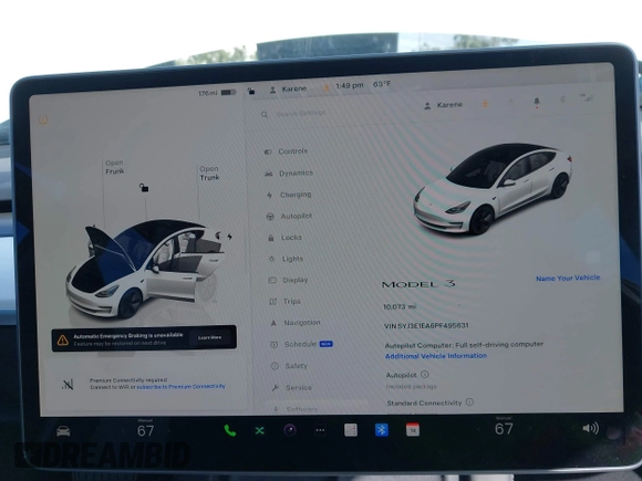 2023 Tesla Model 3 with VIN 5YJ3E1EA6PF495631, listed as a IAAI auction lot 41568118 with 10,073 mi miles and . Bid and sale history available at DreamBid. Image 19.