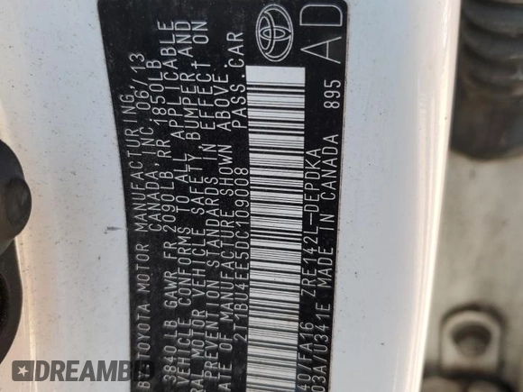 2013 Toyota Corolla L with VIN 2T1BU4EE5DC109008, listed as a Copart auction lot 50748275 with 163,194 mi miles and Salvage Title. Bid and sale history available at carsss.com. Image 13.