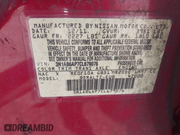 2012 Nissan Sentra SR with VIN 3N1AB6AP7CL679076, listed as a IAAI auction lot 41972054 with 167,235 mi miles and . Bid and sale history available at DreamBid. Image 9.
