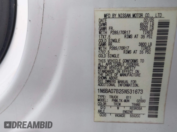 2005 Nissan Titan SE with VIN 1N6BA07B25N531673, listed as a IAAI auction lot 41726725 with 237,837 mi miles and . Bid and sale history available at DreamBid. Image 9.