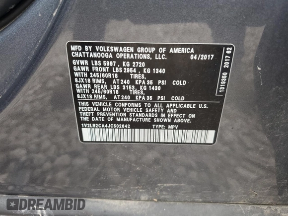 2018 Volkswagen Atlas SE with VIN 1V2LR2CA4JC502642, listed as a Copart auction lot 57498185 with 119,002 mi miles and Salvage title. Bid and sale history available at DreamBid. Image 13.