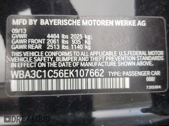 2014 BMW 3 Series 328i with VIN WBA3C1C56EK107662, listed as a Copart auction lot 49327345 with 107,467 mi miles and Salvage Title. Bid and sale history available at carsss.com. Image 12.