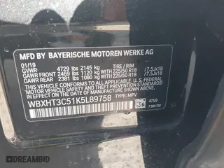 2019 BMW X1 xDrive28i with VIN WBXHT3C51K5L89758, listed as a IAAI auction lot 41535652 with 96,612 mi miles. Bid and sale history available at carsss.com. Image 9.