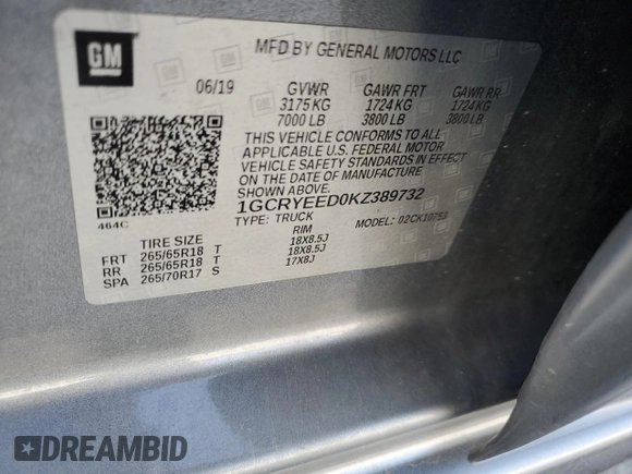 2019 Chevrolet Silverado 1500 RST with VIN 1GCRYEED0KZ389732, listed as a Copart auction lot 54053055 with 67,169 mi miles and Clean Title. Bid and sale history available at DreamBid. Image 12.