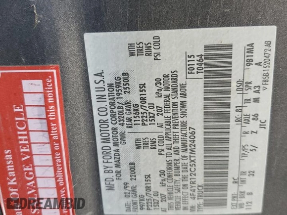 1999 Mazda B-Series Truck SX z VIN 4F4YR12C5XTM24067, wystawiony jako Copart lot #85241964 z przebiegiem 219 030 mil mil oraz Szkoda całkowita • Salvage title. Historia ofert i sprzedaży dostępna na DreamBid. Obrazek 12.