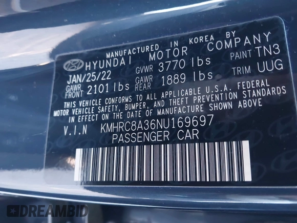 2022 Hyundai Venue Limited with VIN KMHRC8A36NU169697, listed as a IAAI auction lot 41279162 with 23,542 mi miles and . Bid and sale history available at DreamBid. Image 9.