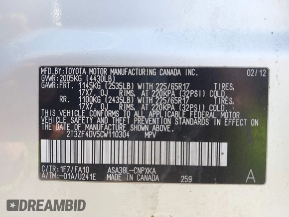2012 Toyota RAV4 with VIN 2T3ZF4DV5CW110304, listed as a IAAI auction lot 42021666 with 206,386 mi miles. Bid and sale history available at carsss.com. Image 9.