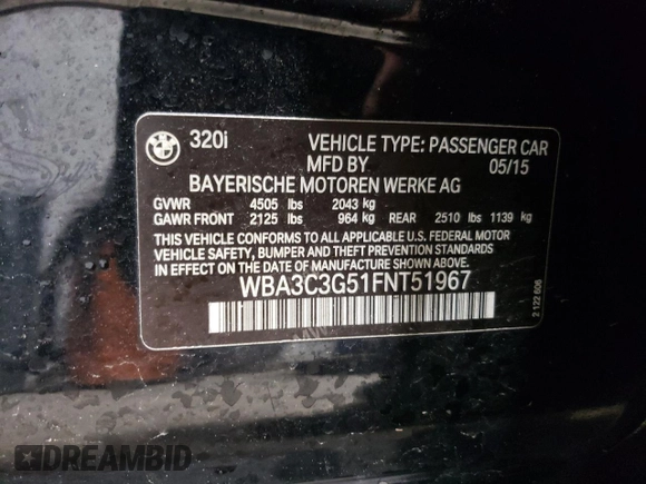 2015 BMW 3 Series 320i xDrive with VIN WBA3C3G51FNT51967, listed as a Copart auction lot 51672295 with 93,198 mi miles and Salvage Title. Bid and sale history available at carsss.com. Image 14.