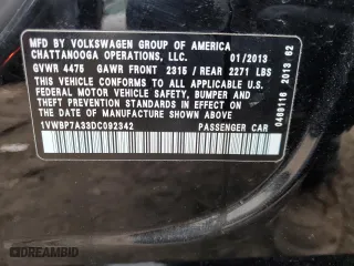 2013 Volkswagen Passat SE with VIN 1VWBP7A33DC092342, listed as a Copart auction lot 45285785 with 0 mi miles and Salvage Title. Bid and sale history available at carsss.com. Image 12.
