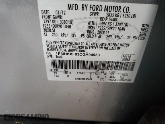 2012 Ford Explorer Limited with VIN 1FMHK8F83CGA94553, listed as a Copart auction lot 44381245 with 100,107 mi miles and Salvage Title. Bid and sale history available at DreamBid. Image 13.
