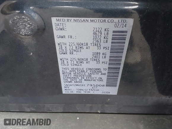 2014 Nissan Rogue S with VIN 5N1AT2MV1EC795008, listed as a IAAI auction lot 41723073 with 93,662 mi miles. Bid and sale history available at carsss.com. Image 9.