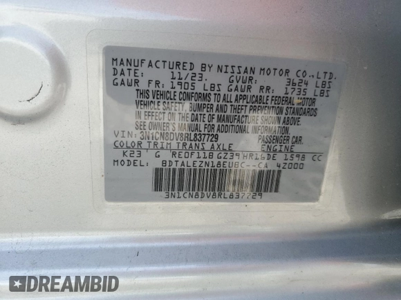 2024 Nissan Versa S with VIN 3N1CN8DV8RL837729, listed as a Copart auction lot 60730765 with 46,064 mi miles and Salvage title. Bid and sale history available at DreamBid. Image 12.