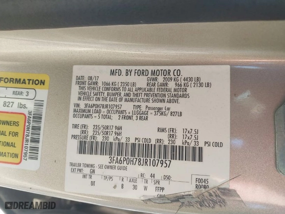 2018 Ford Fusion SE with VIN 3FA6P0H78JR107957, listed as a IAAI auction lot 41639036 with NaN miles. Bid and sale history available at carsss.com. Image 9.