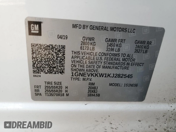 2019 Chevrolet Traverse Premier with VIN 1GNEVKKW1KJ282545, listed as a Copart auction lot 66208724 with 74,390 mi miles and Salvage Title. Bid and sale history available at carsss.com. Image 13.
