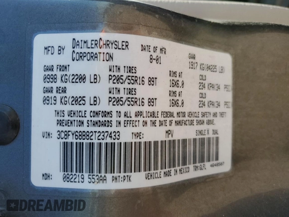 2002 Chrysler PT Cruiser Limited with VIN 3C8FY68B82T237433, listed as a Copart auction lot 64841635 with 193,163 mi miles and Clean title. Bid and sale history available at DreamBid. Image 12.