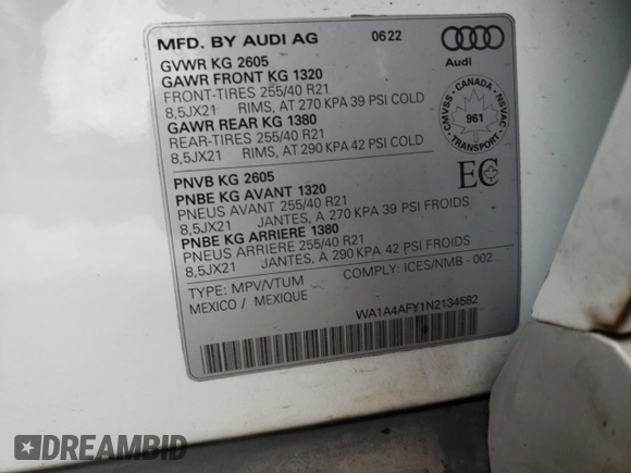2022 Audi SQ5 Premium with VIN WA1A4AFY1N2134582, listed as a Copart auction lot 82101634 with 36,239 mi miles and Salvage Title. Bid and sale history available at DreamBid. Image 14.