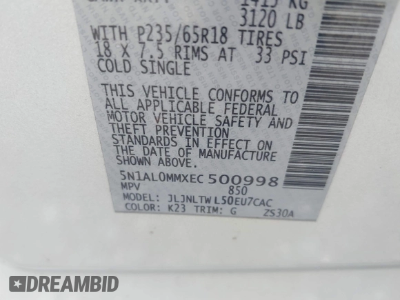 2014 Infiniti QX60 with VIN 5N1AL0MMXEC500998, listed as a IAAI auction lot 42596904 with 105,153 mi miles and . Bid and sale history available at DreamBid. Image 9.