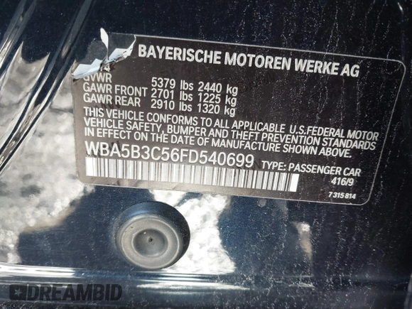 2015 BMW 5 Series 535i xDrive with VIN WBA5B3C56FD540699, listed as a IAAI auction lot 41128002 with 97,726 mi miles and . Bid and sale history available at DreamBid. Image 9.
