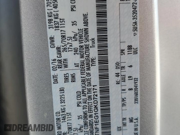 2016 Ford F-150 XL with VIN 1FTNF1EG1GKD72171, listed as a Copart auction lot 48471715 with 22,948 mi miles and Salvage title. Bid and sale history available at DreamBid. Image 12.