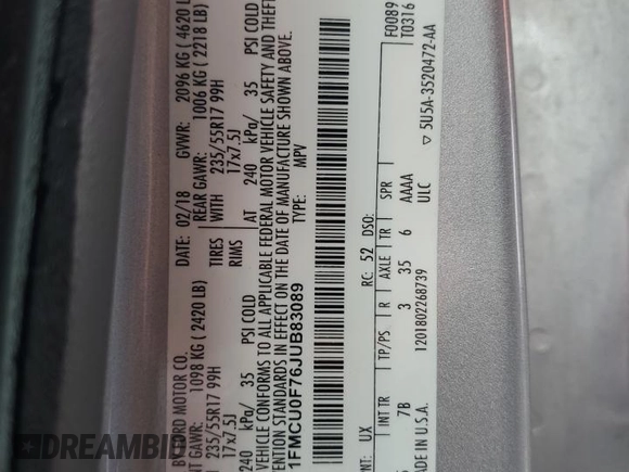 2018 Ford Escape S с VIN 1FMCU0F76JUB83089, выставлен на аукционе Copart как лот 54172305 с пробегом 88 144 миль миль и Списание • Salvage title. История ставок и продаж доступна на DreamBid. Изображение 14.