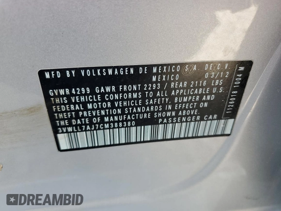 2012 Volkswagen Jetta TDI w/Premium с VIN 3VWLL7AJ7CM388380, выставлен на аукционе Copart как лот 51874145 с пробегом 128 270 миль миль и Списание • Salvage title. История ставок и продаж доступна на DreamBid. Изображение 14.